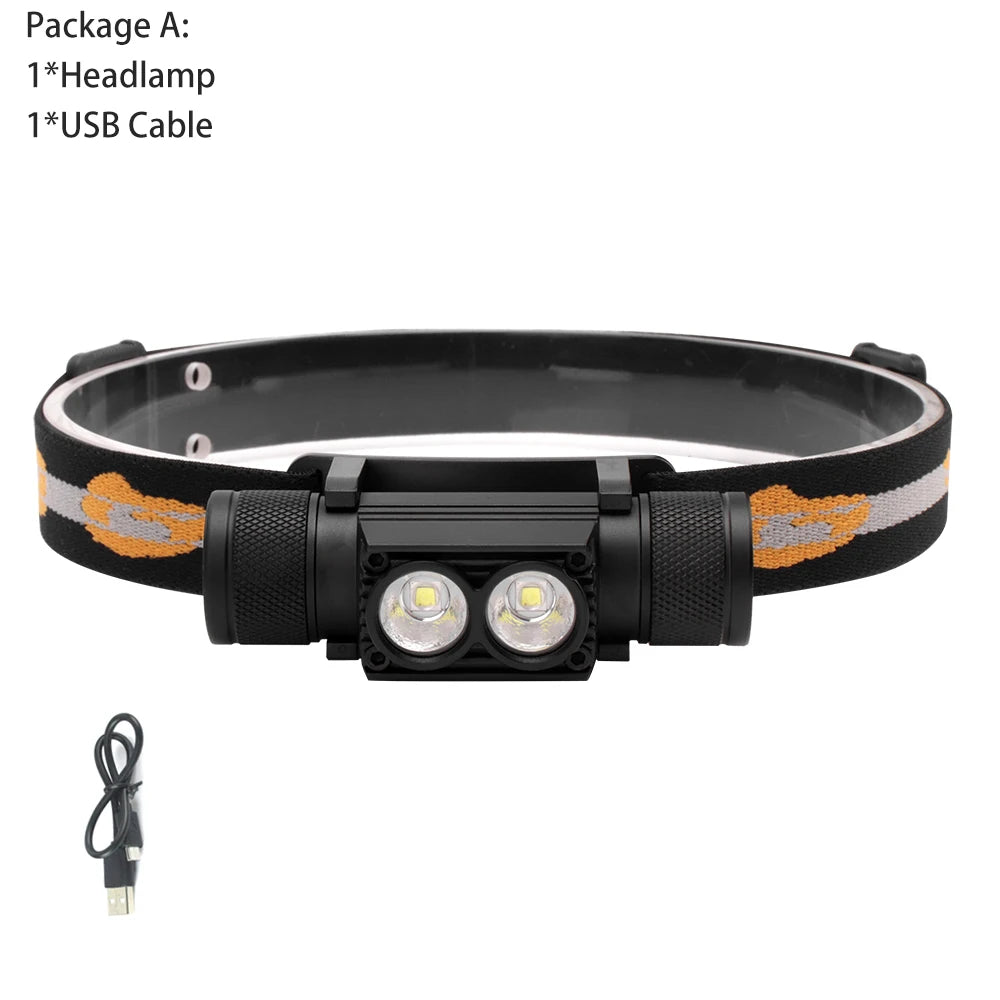 BORUiT D25 Dual LED Headlamp 2000LM Powerful Headlight Type-C Rechargeable 18650 Head Torch Waterproof Camping Fishing Lantern
