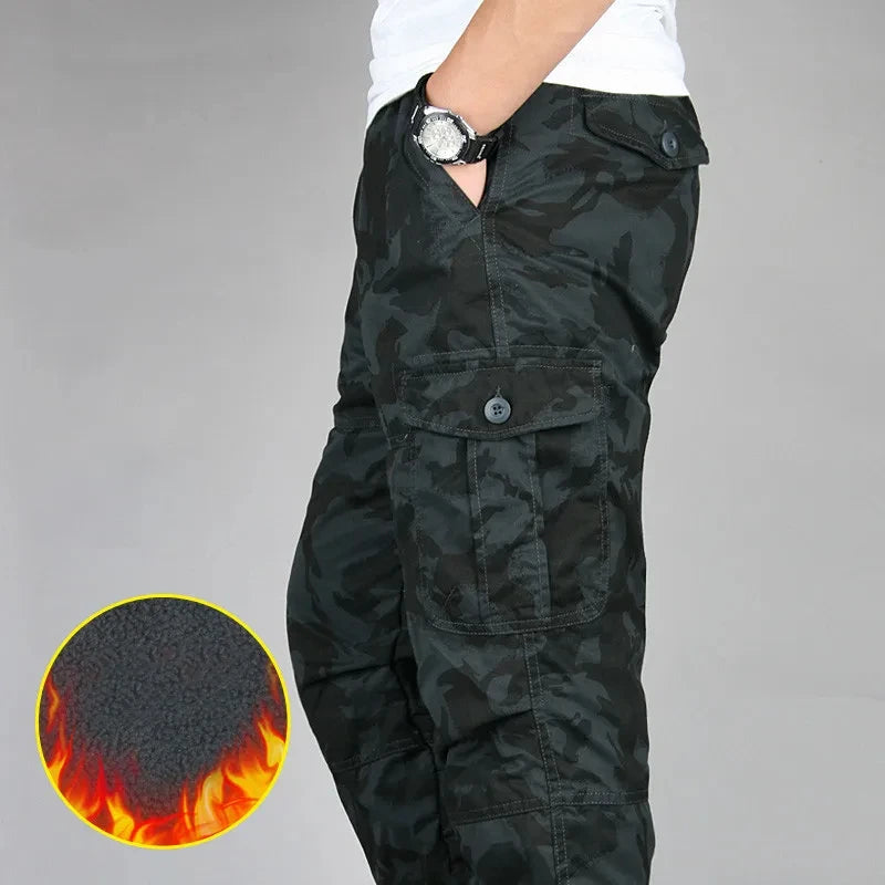 Men's Winter Thicken Fleece Pants Casual Warm Overalls Multi-pocket Militarmy Long Trousers Thermal Cargo Tactical Pants
