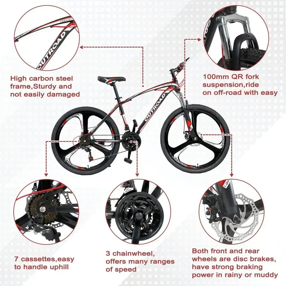 26 7/21-Speed Mountain Bike, High-Carbon Steel Frame, Dual Disc/V Brakes, Adjustable Seat for Men & Women