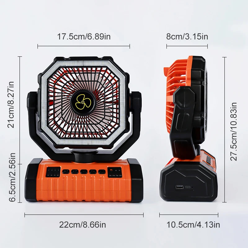 20000mAh Rechargeable Camping Fan Portable Battery Operated Desk Tent Fan with LED Night Light Hanging Hook 4 Speeds Wind for Car Trip Outdoor Travel