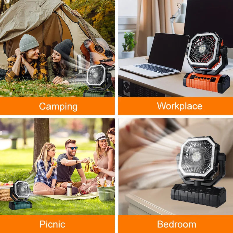 20000mAh Rechargeable Camping Fan Portable Battery Operated Desk Tent Fan with LED Night Light Hanging Hook 4 Speeds Wind for Car Trip Outdoor Travel