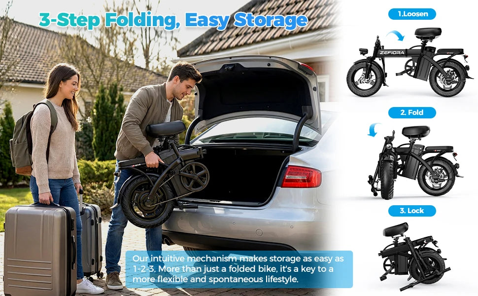 Fat Tire Folding Electric Bike for Adults, ZEFIORA 14 Inch Mini Ebike 10AH 500W Motor 48V Detachable Battery, 25-32 Miles Range, Portable Compact Commuter Bicycle, Suspension Fork, Disc Brake, LED Headlight, Fenders, City Ebi