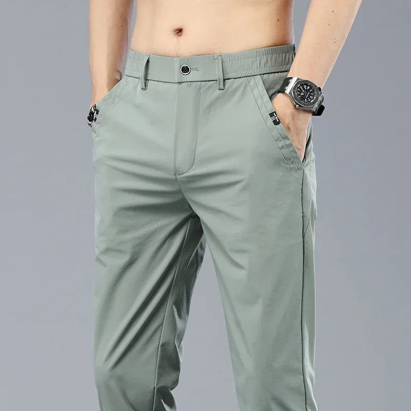 Summer Ice Silk Stretch Casual Pants Men Thin Soft Fashion Business Elastic Korean Slim Male Clothes Trousers Gray Black Green