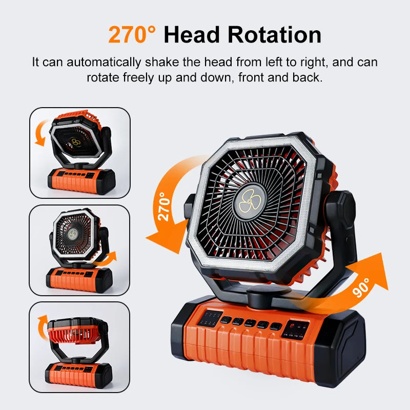 20000mAh Rechargeable Camping Fan Portable Battery Operated Desk Tent Fan with LED Night Light Hanging Hook 4 Speeds Wind for Car Trip Outdoor Travel