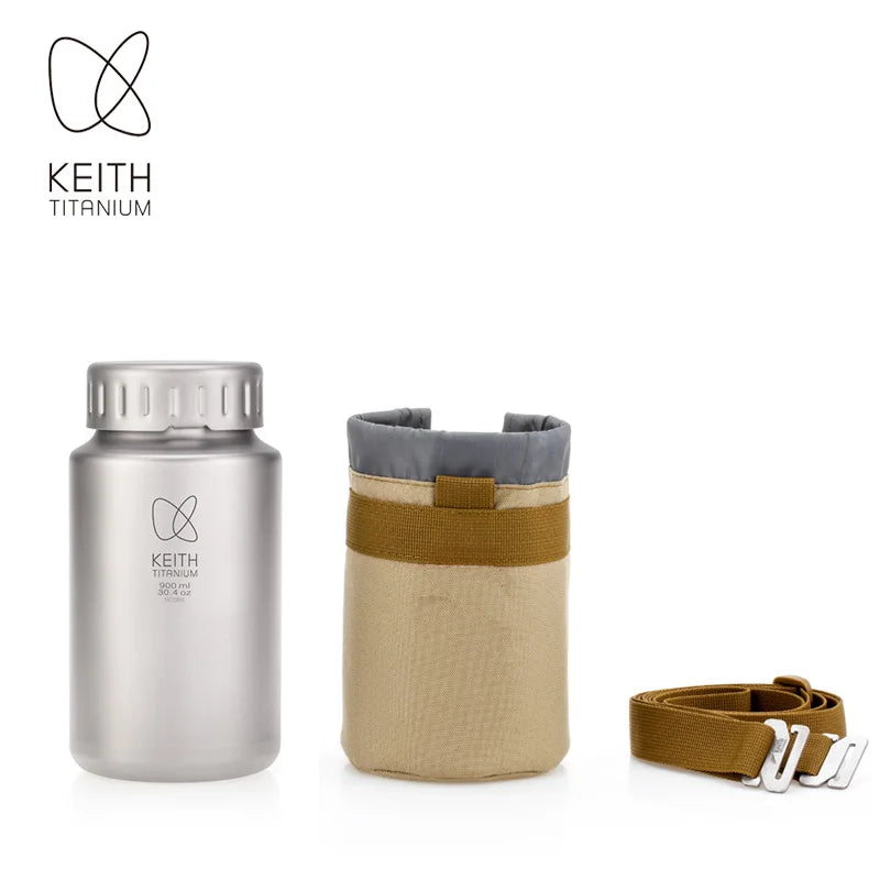 Keith 900ml/1200ml Pure Titanium Sports Bottle with Shoulder Strap, Lightweight Durable Water Bottle for Camping Hiking Cycling