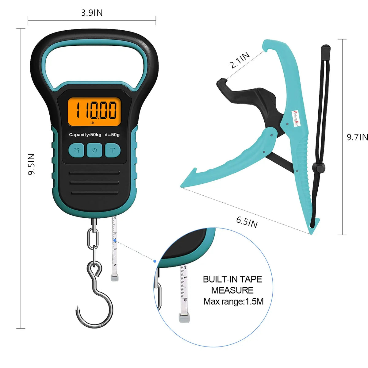 Digital Fish Scale with Ruler and Catch, 110 Lb/50 Kg Portable Hanging Fish Scale, Luggage Weighing Scale, Backlit LCD Display
