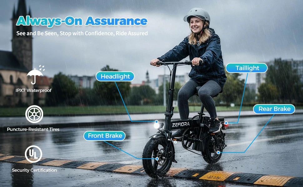 Fat Tire Folding Electric Bike for Adults, ZEFIORA 14 Inch Mini Ebike 10AH 500W Motor 48V Detachable Battery, 25-32 Miles Range, Portable Compact Commuter Bicycle, Suspension Fork, Disc Brake, LED Headlight, Fenders, City Ebi