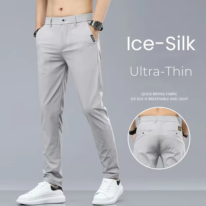 Summer Ice Silk Stretch Casual Pants Men Thin Soft Fashion Business Elastic Korean Slim Male Clothes Trousers Gray Black Green