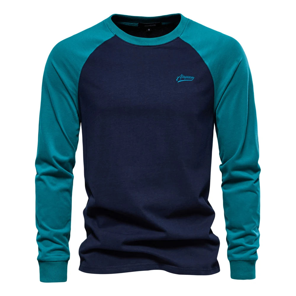 AIOPESON Men's T-shirts 100% Cotton Long Sleeve O-neck Pactwork Casual T shirts for Men New Spring Designer Tees Men Clothing