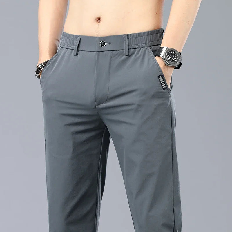 Summer Ice Silk Stretch Casual Pants Men Thin Soft Fashion Business Elastic Korean Slim Male Clothes Trousers Gray Black Green