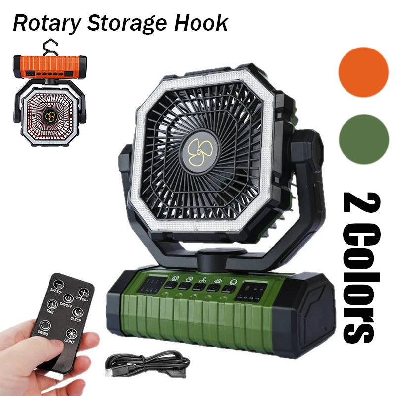 20000mAh Rechargeable Camping Fan Portable Battery Operated Desk Tent Fan with LED Night Light Hanging Hook 4 Speeds Wind for Car Trip Outdoor Travel