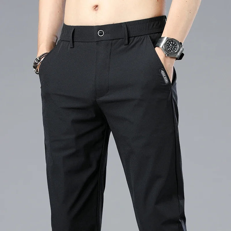 Summer Ice Silk Stretch Casual Pants Men Thin Soft Fashion Business Elastic Korean Slim Male Clothes Trousers Gray Black Green