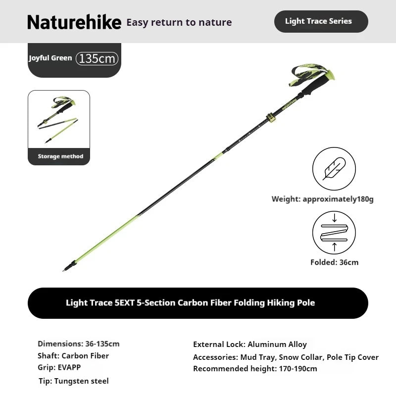Naturehike 5-EXT 5 Section Carbon Fiber Hiking Staff for Mountain Climbing Outdoor Travel Ultralight Folding Walking Sticks 2025