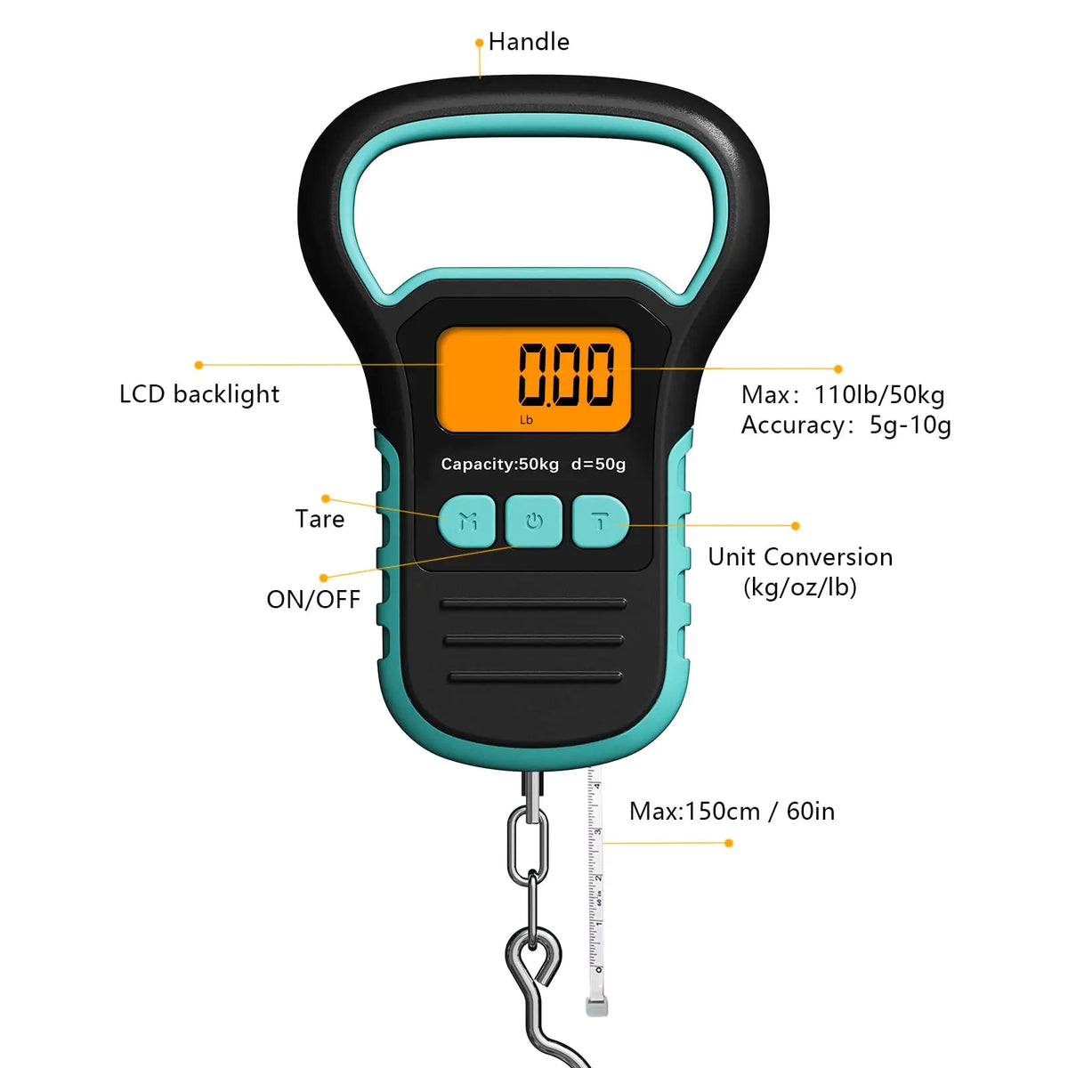 Digital Fish Scale with Ruler and Catch, 110 Lb/50 Kg Portable Hanging Fish Scale, Luggage Weighing Scale, Backlit LCD Display