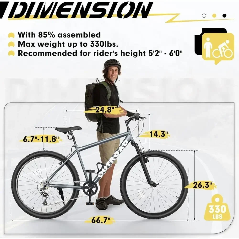 26 Hardtail Mountain Bikes, 7-Speed Drivetrain, Front Suspension, Wide-Wheel Commuter Bikes, Dual Disc Brakes
