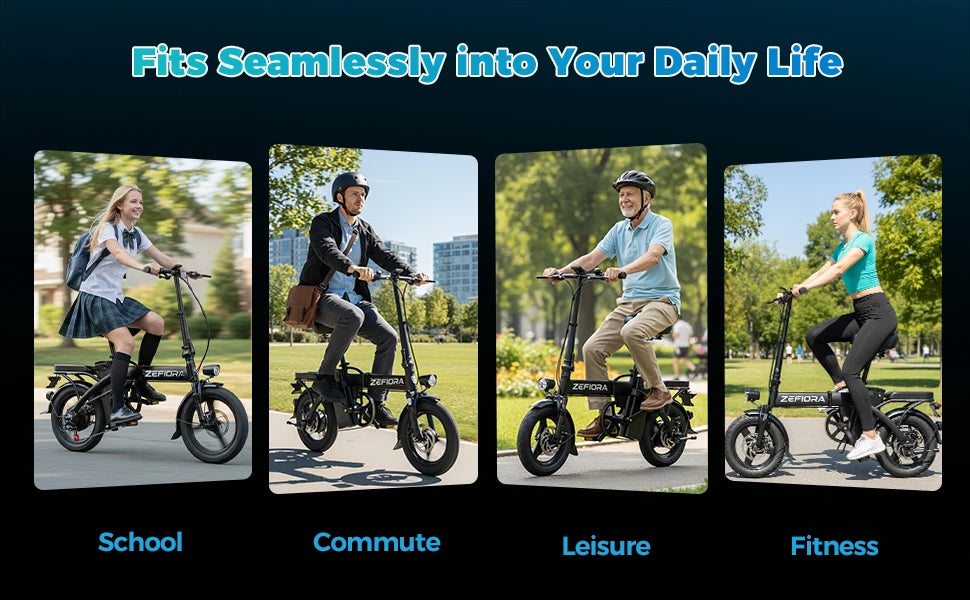 Fat Tire Folding Electric Bike for Adults, ZEFIORA 14 Inch Mini Ebike 10AH 500W Motor 48V Detachable Battery, 25-32 Miles Range, Portable Compact Commuter Bicycle, Suspension Fork, Disc Brake, LED Headlight, Fenders, City Ebi