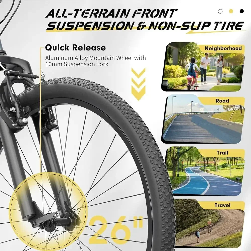 26 Hardtail Mountain Bikes, 7-Speed Drivetrain, Front Suspension, Wide-Wheel Commuter Bikes, Dual Disc Brakes