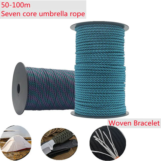 50-100 Meters 550 Parachute Cord Lanyard Rope Tent Guyline Mil Spec Type III 7 Strand Core Multiple Colors