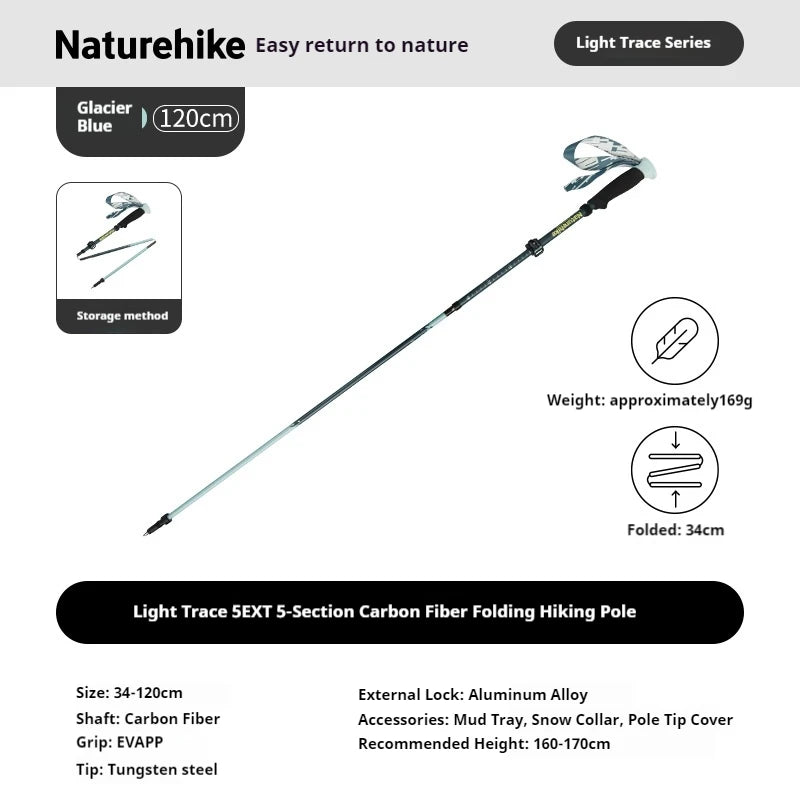 Naturehike 5-EXT 5 Section Carbon Fiber Hiking Staff for Mountain Climbing Outdoor Travel Ultralight Folding Walking Sticks 2025
