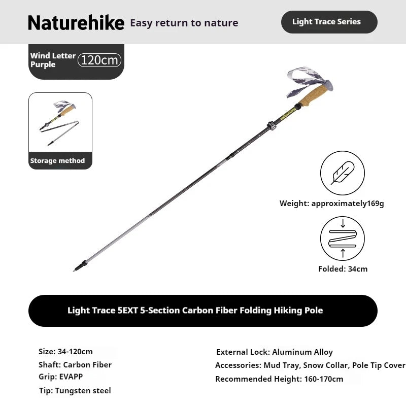 Naturehike 5-EXT 5 Section Carbon Fiber Hiking Staff for Mountain Climbing Outdoor Travel Ultralight Folding Walking Sticks 2025
