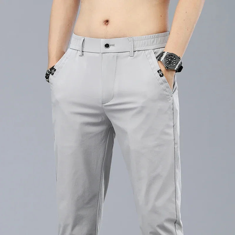 Summer Ice Silk Stretch Casual Pants Men Thin Soft Fashion Business Elastic Korean Slim Male Clothes Trousers Gray Black Green