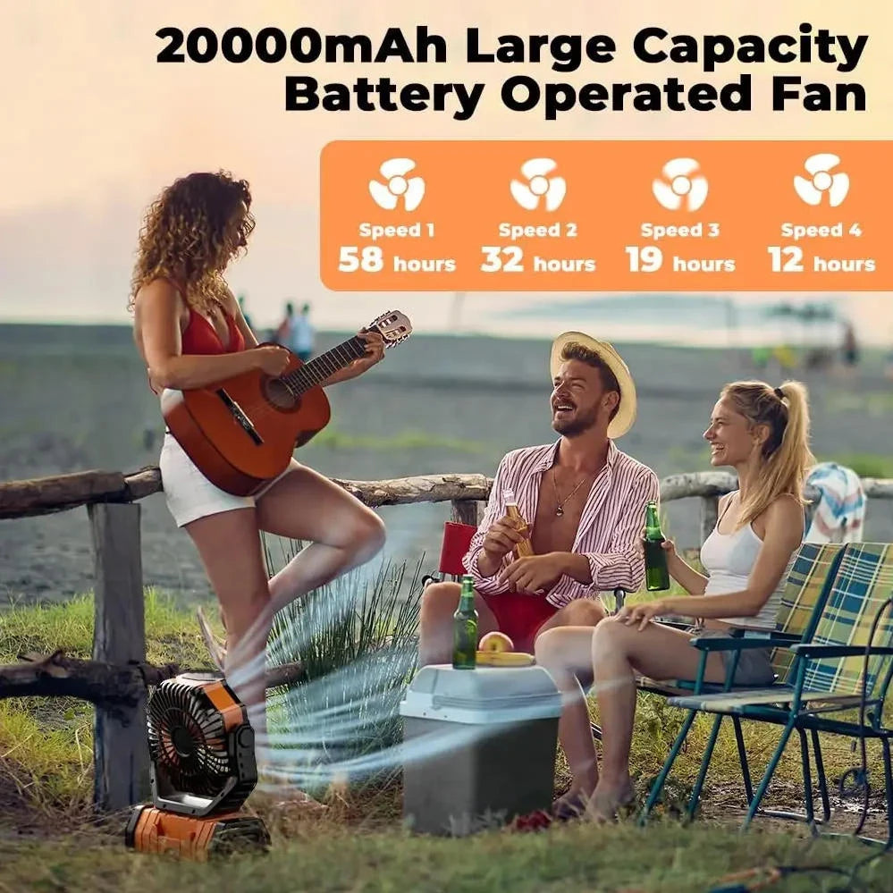 20000mAh Rechargeable Camping Fan Portable Battery Operated Desk Tent Fan with LED Night Light Hanging Hook 4 Speeds Wind for Car Trip Outdoor Travel