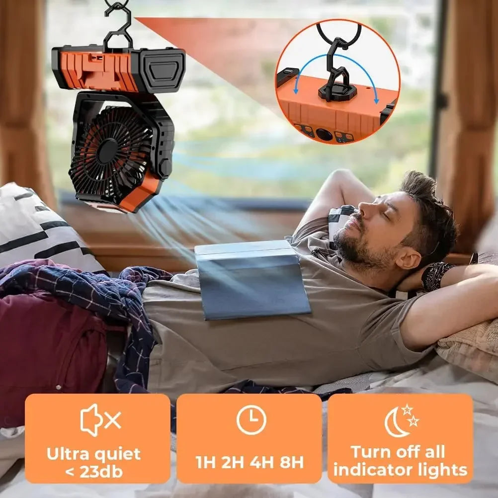 20000mAh Rechargeable Camping Fan Portable Battery Operated Desk Tent Fan with LED Night Light Hanging Hook 4 Speeds Wind for Car Trip Outdoor Travel