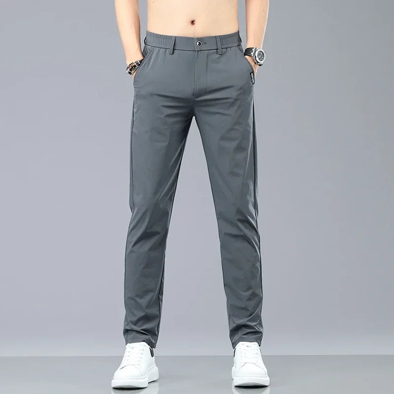 Summer Ice Silk Stretch Casual Pants Men Thin Soft Fashion Business Elastic Korean Slim Male Clothes Trousers Gray Black Green