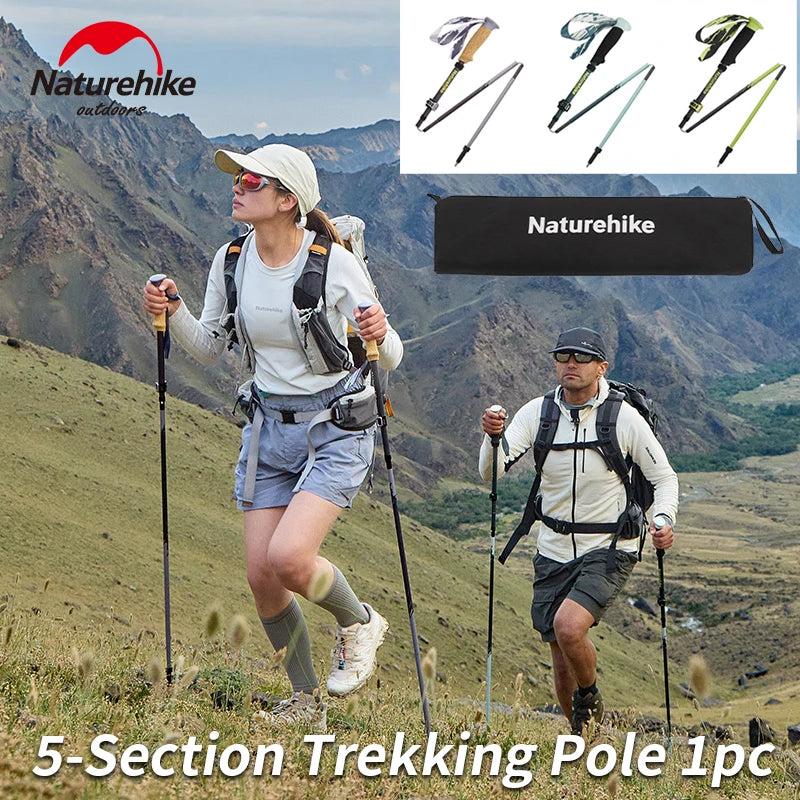 Naturehike 5-EXT 5 Section Carbon Fiber Hiking Staff for Mountain Climbing Outdoor Travel Ultralight Folding Walking Sticks 2025