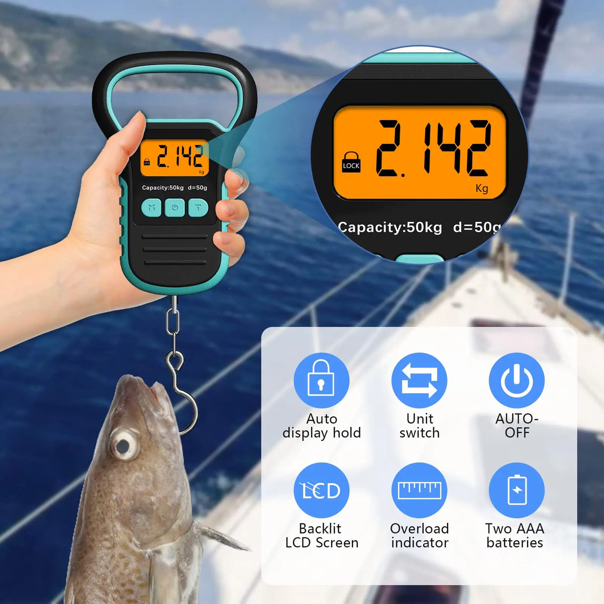 Digital Fish Scale with Ruler and Catch, 110 Lb/50 Kg Portable Hanging Fish Scale, Luggage Weighing Scale, Backlit LCD Display