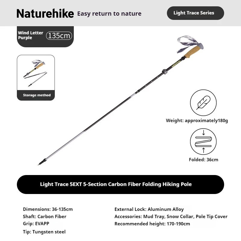 Naturehike 5-EXT 5 Section Carbon Fiber Hiking Staff for Mountain Climbing Outdoor Travel Ultralight Folding Walking Sticks 2025