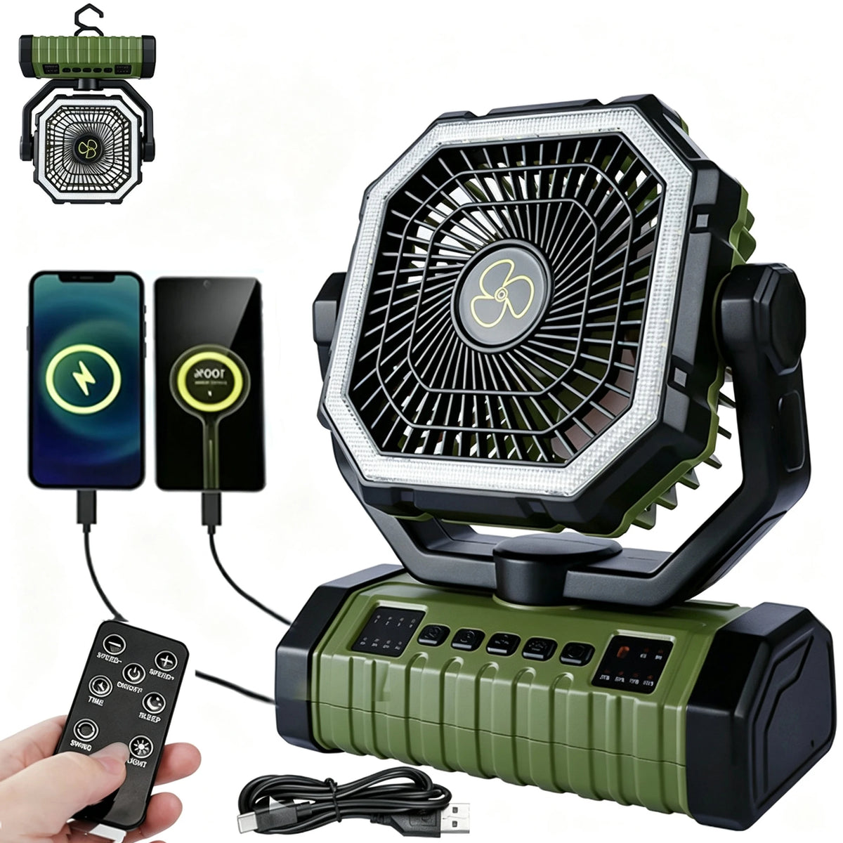 20000mAh Rechargeable Camping Fan Portable Battery Operated Desk Tent Fan with LED Night Light Hanging Hook 4 Speeds Wind for Car Trip Outdoor Travel